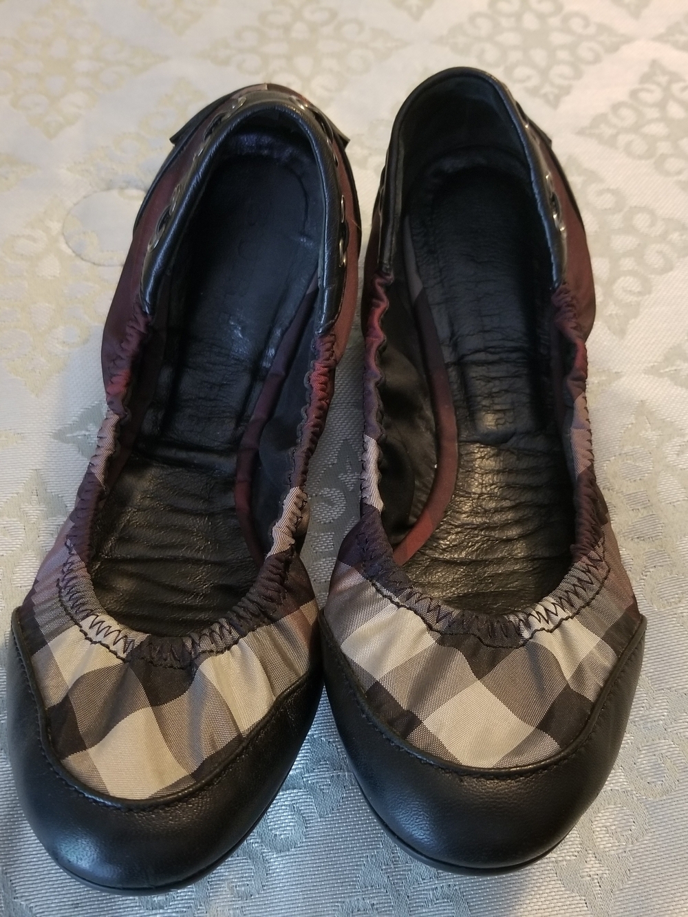 Burberry Checked Ballet Flats with Black Leather Trim 36.5